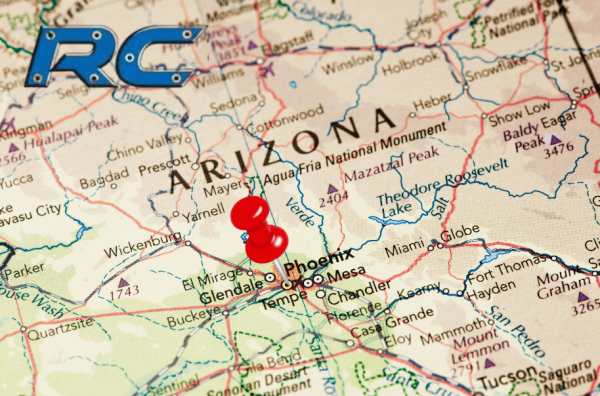 Map of Arizona highlighting Phoenix, Glendale, and Tempe with a red location pin and RC logo in the top left corner.