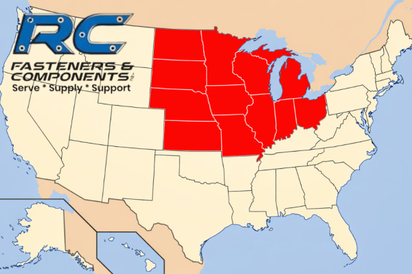 Map of the United States highlighting Midwestern states in red with RC Fasteners & Components logo in the top left.
