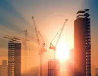 City skyline with bright sunshine lighting up buildings